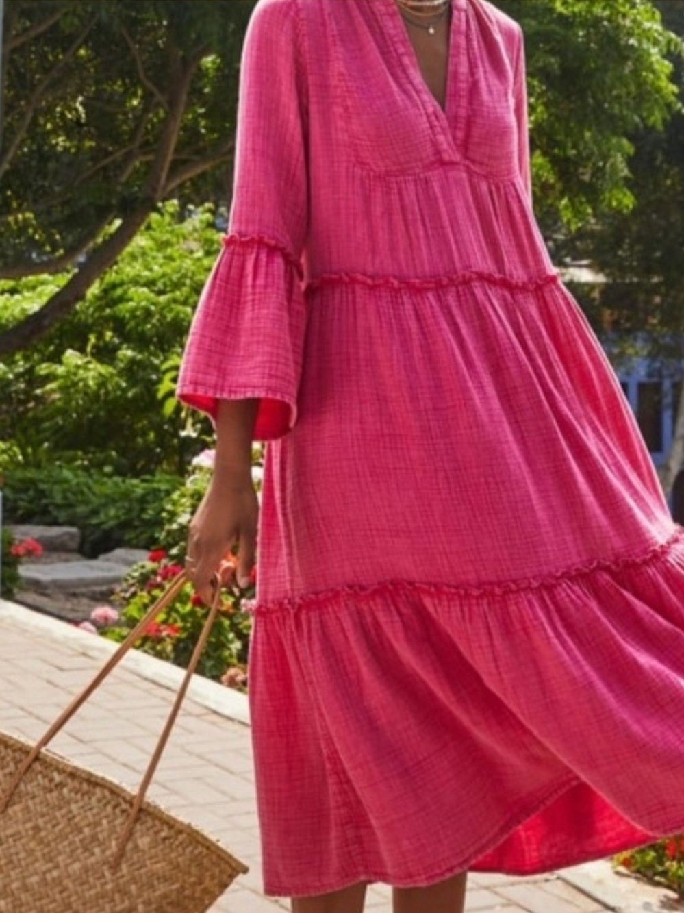 Faherty 100% Organic Cotton Pink Tiered V-Neck Midi Dress